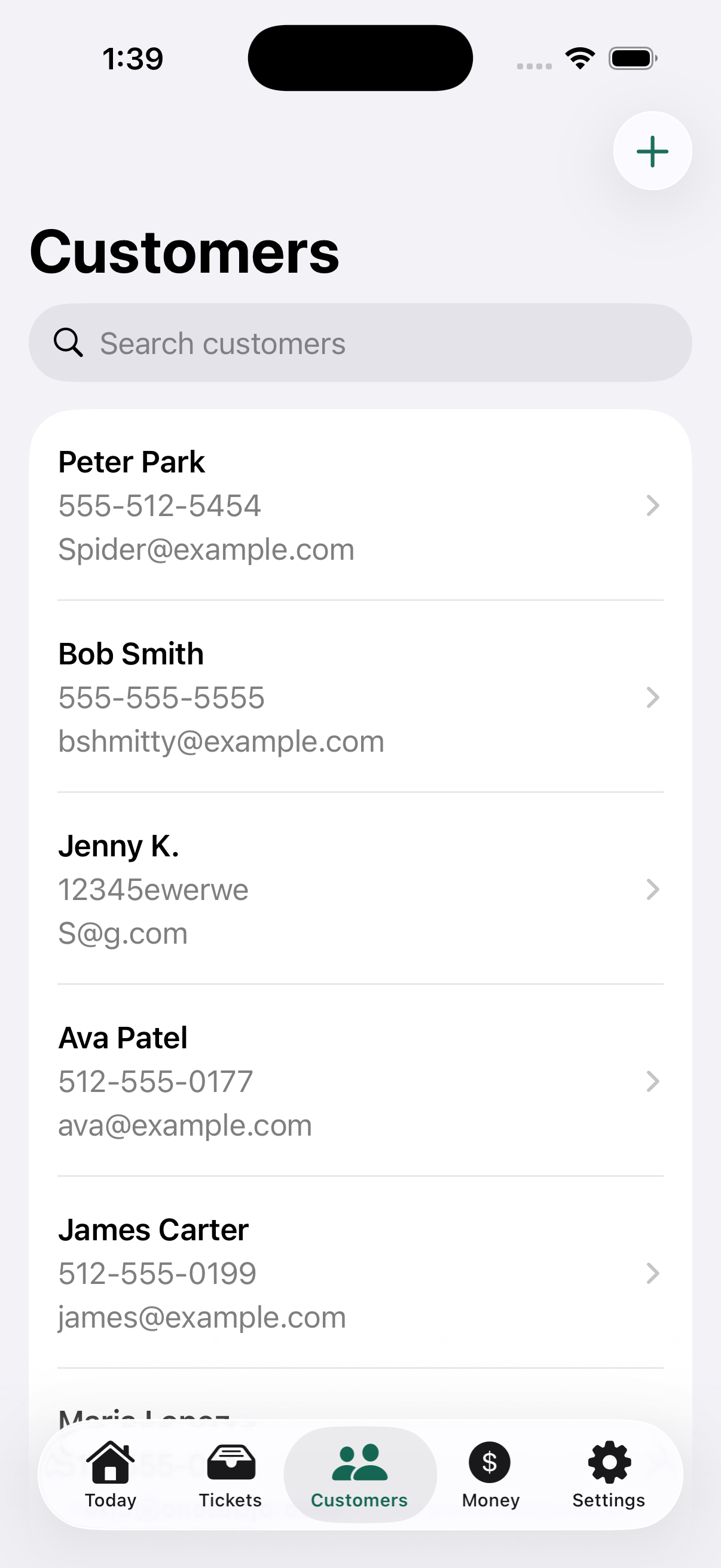 BenchBoss Customers screen screenshot