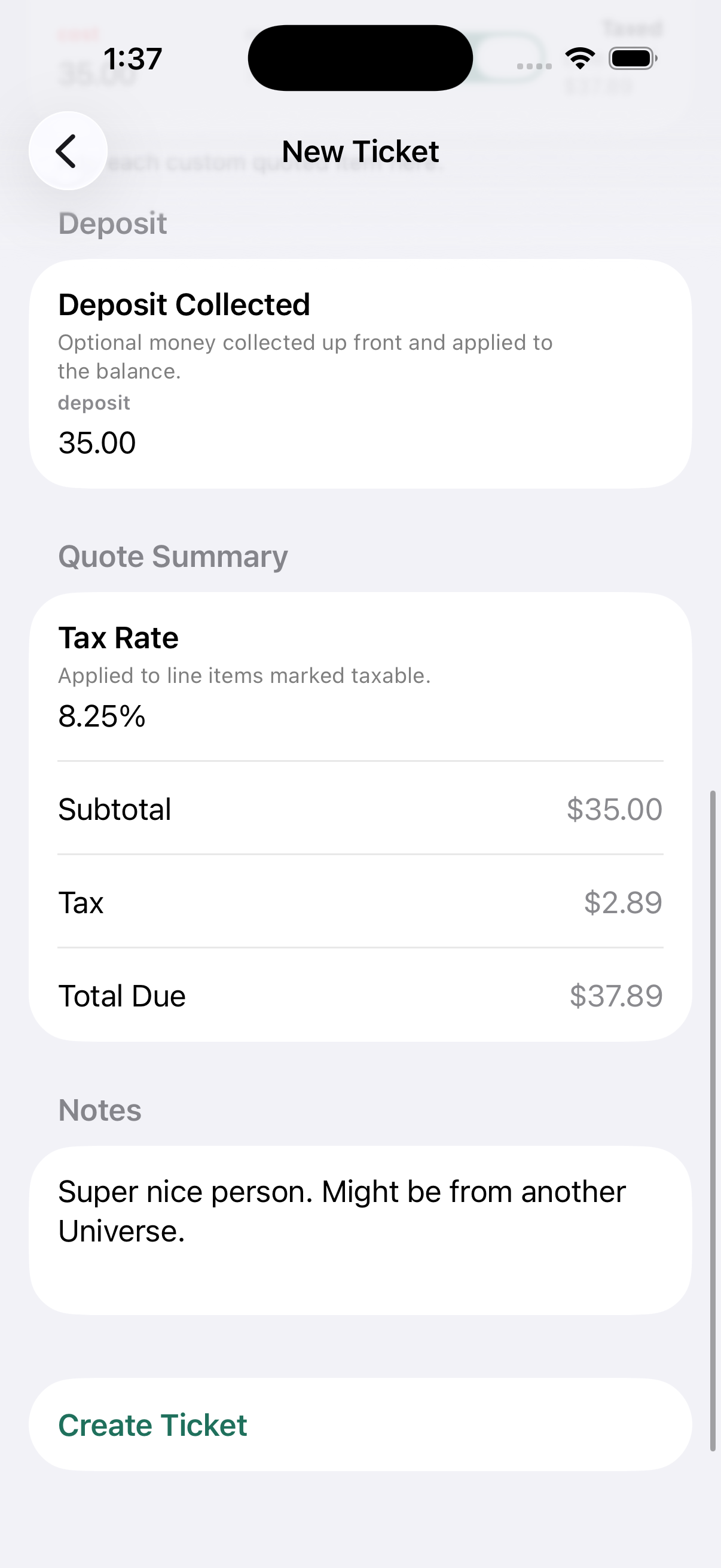 BenchBoss New Ticket screen screenshot