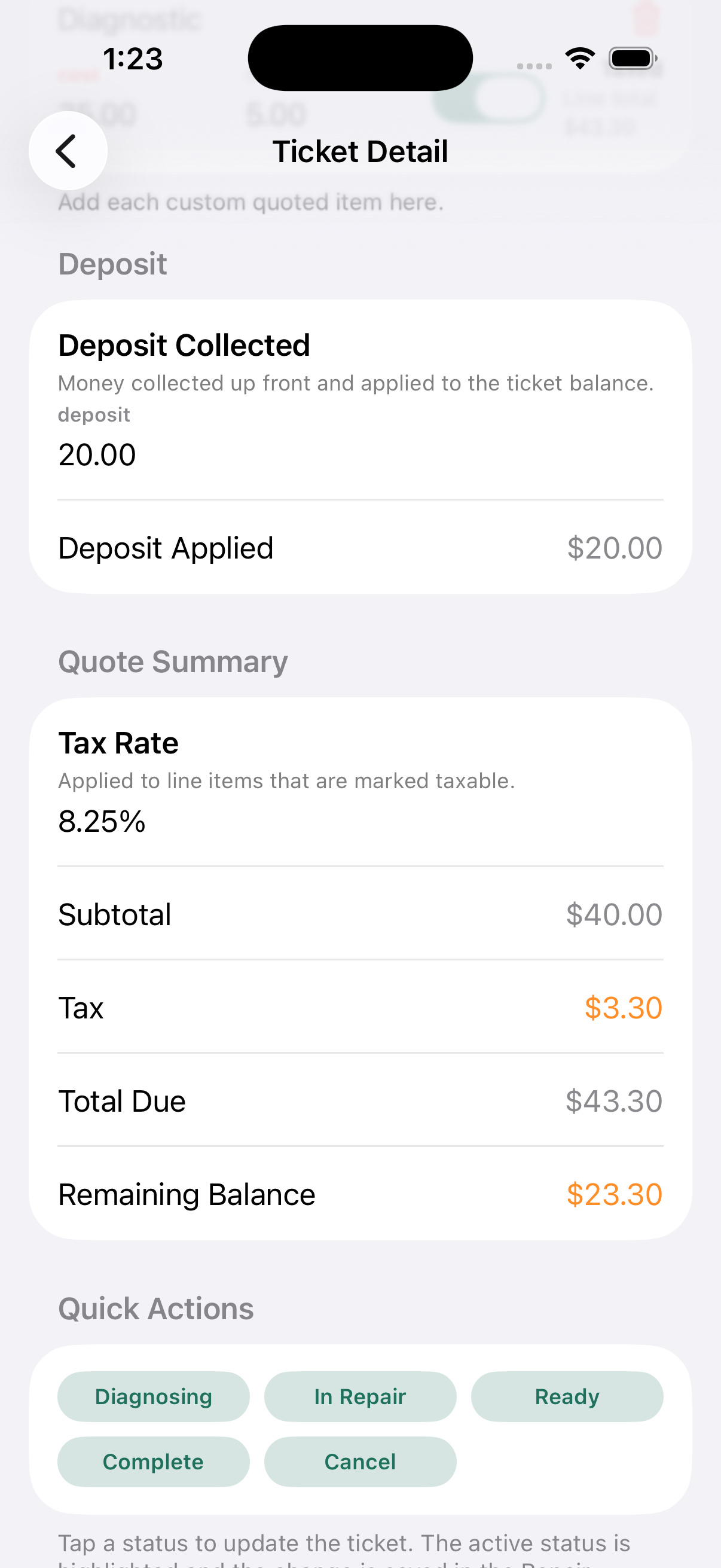 BenchBoss Ticket Detail screen screenshot